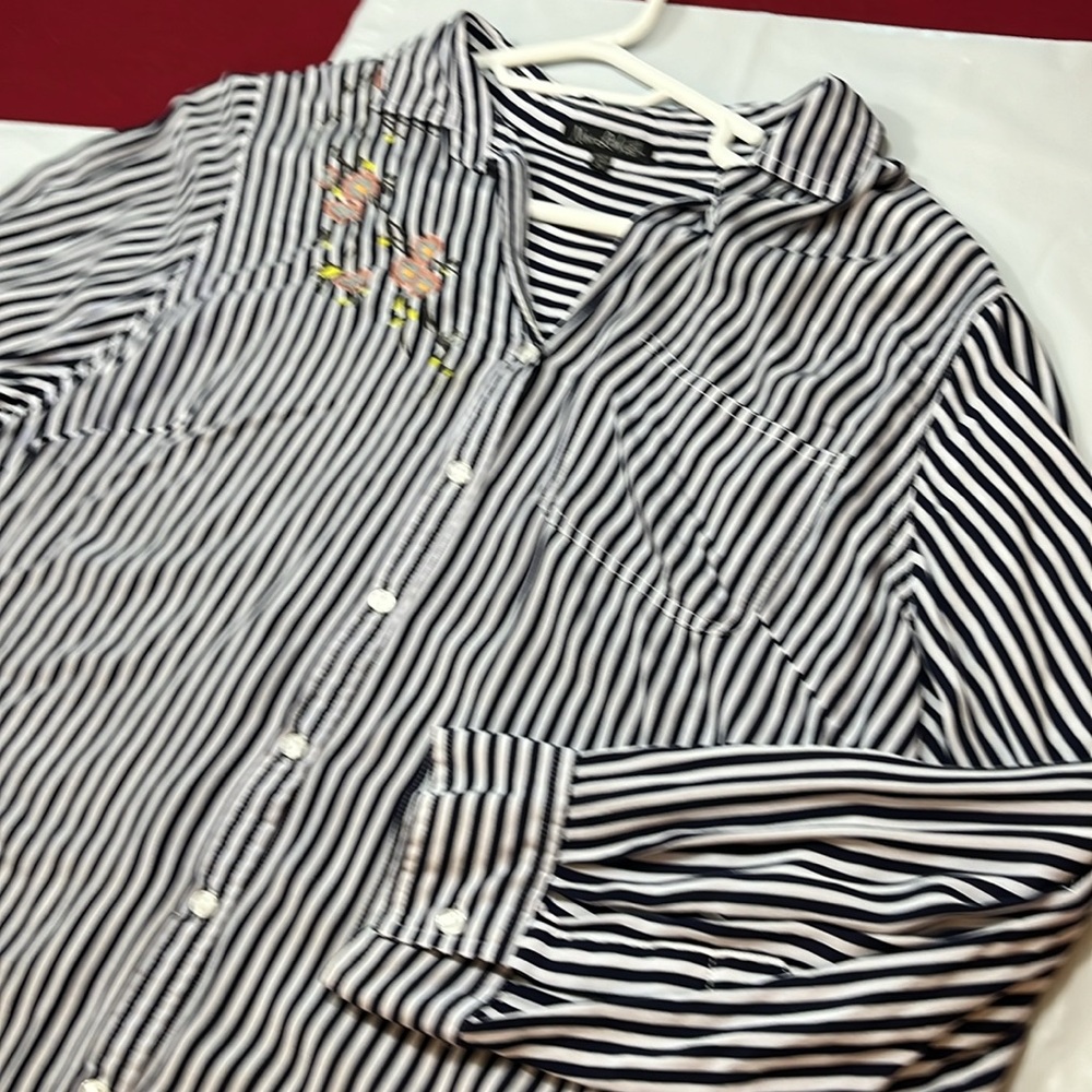 New leaf black vertical striped rayon BLOUSE pink blue floral embroidery 2XL XXL - Picture 7 of 14